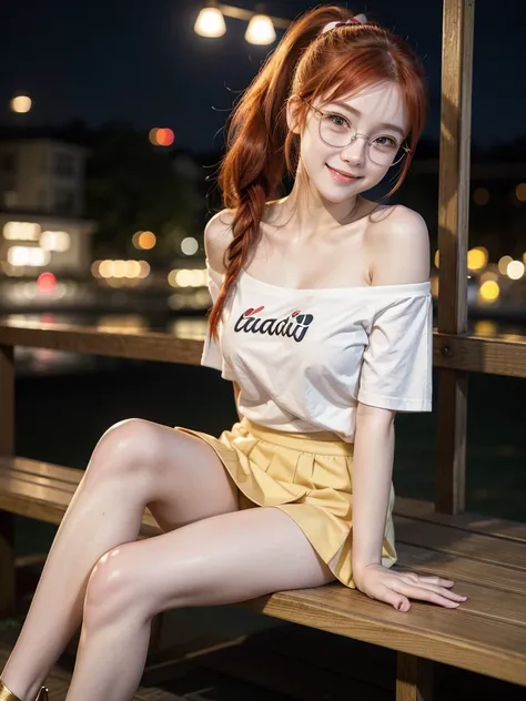 Japandish girl, pale white skin, small hazel eyes, cute, small high nose bridge, juicy lips, red hair,  ponytail hair with bang, wear off-shoulder t-shirt and mini skirt, big breast, Sitting on the bench  , full body photoshot , smiling face , at night , g...