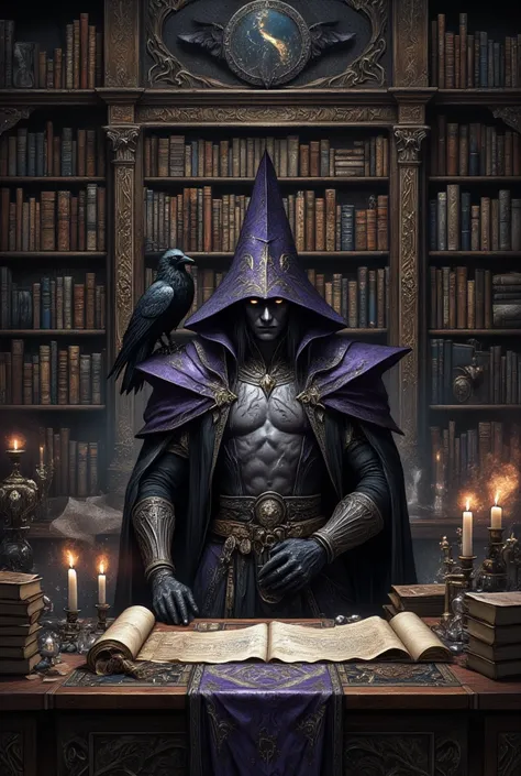 (Envision a dark sorcerer in a library of forbidden knowledge), where towering bookshelves stretch endlessly into the dim ceiling, laden with ancient tomes bound in cracked leather and strange metals. The air is thick with the scent of parchment and dust, ...