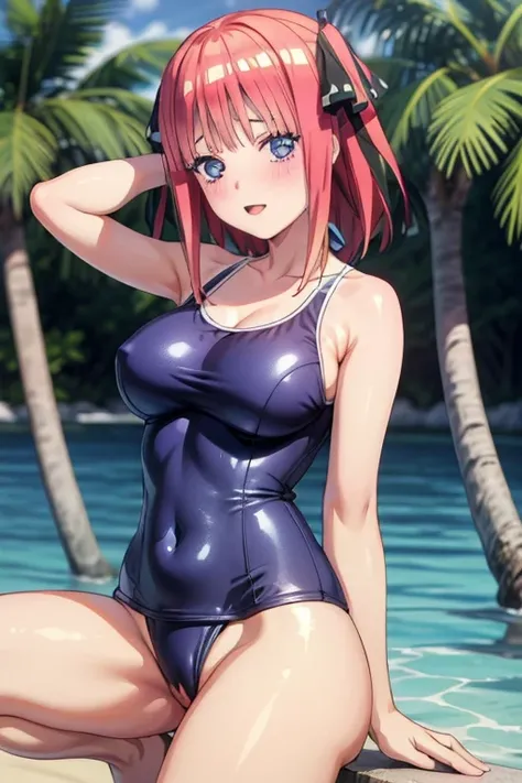 best quality, masterpiece,1 female, large breasts, blush, cheerful eyes, one-piece swimsuit, old school swimsuit, shameless pose, nino nakano, pussy, Perfect fingers