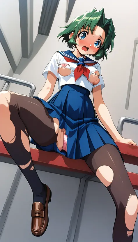 (masterpiece,  best quality :1.2),( super high resolution),(Ultra-detailed face)(torn clothes 1 :2) 1 woman,Alone, toshinden_Ellis,Sit on the stairs, M-shaped leg opening,whole body, view from below,Short Sleeve School Uniforms , Ripped School Uniform, blu...