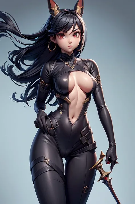 mascote  cute animal with weapons, girl,  mastery, realistic,  cute animal with weapons, gracious, Minimal and super crooked bodysuit [ slits at the waist and neon lines cutting fabric], very elegant, super low-cut outfit,  Big breasts ,dark,sexy too much,...