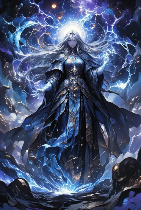 ((A mighty elemental goddess standing high in the sky)) is depicted at the center. In the background, violent thunder roars, and lightning splits the sky, making her presence even more prominent. Her long silver hair flows in the wind, and shining orbs sur...