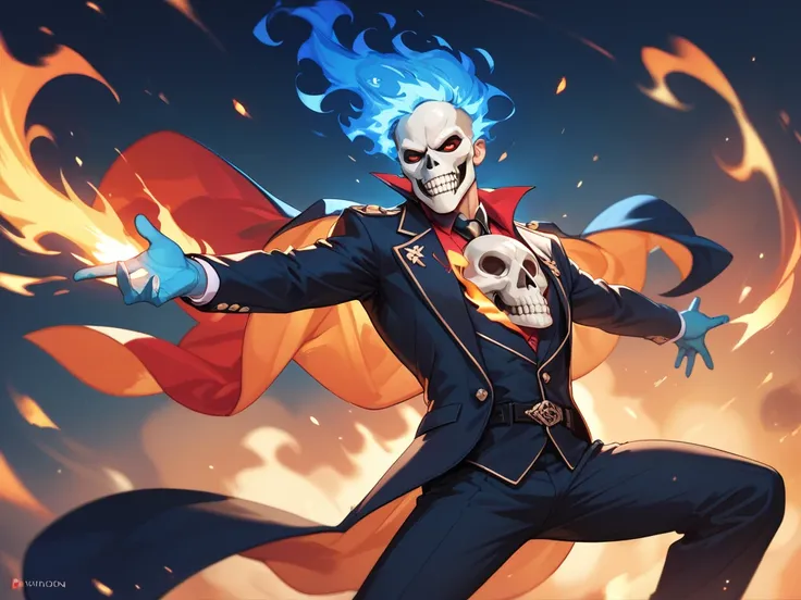 man in skull mask in suit, the arms are outstretched and burning with blue fire