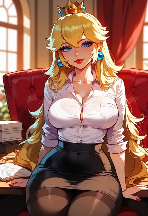 Princess Peach、Super Mario、 blue eyes 、long hair、blonde hair、shiny hair、( big ), white shirt、 tight shirt、black pencil skirt、long legs、black pantythose、sitting、(( sitting on a chair ))、inside an office、a desk infront of her、 a window behind her、Tight Waist...