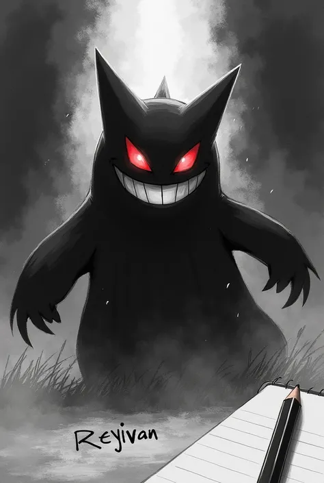 Draw a gengar ,  the drawing doesnt have to have color,  under the drawing put reyivan . Show the notebook and the pencil .