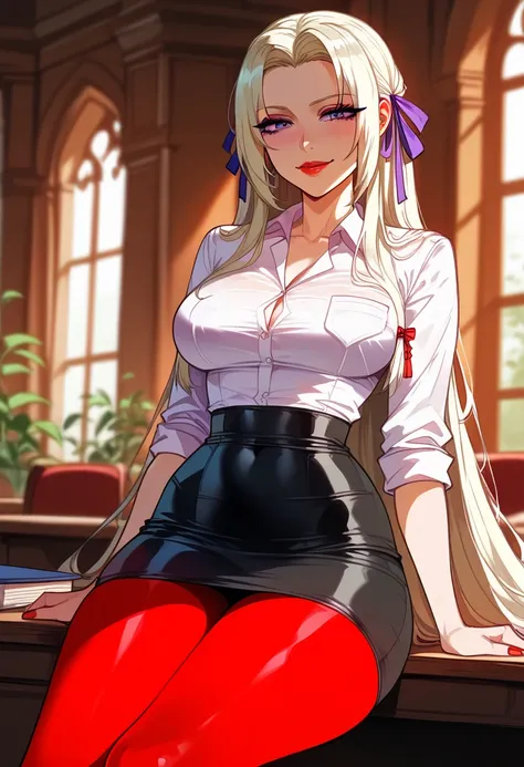 Edelgard、Fire emblem、 purple eyes 、long hair、shiny hair、( big ), white shirt、 tight shirt、black pencil skirt、long legs、black pantythose、sitting、(( sitting on a chair ))、inside an office、a desk infront of her、 a window behind her、Tight Waist、 thin waist、 sh...