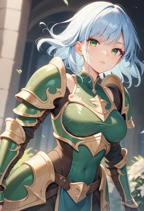 light blue hair, green eyes, medium hair, green armor