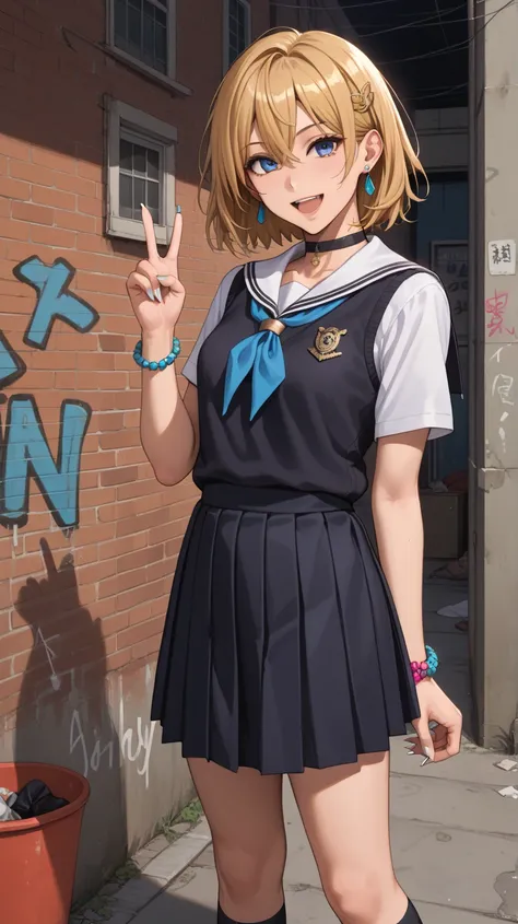  ((Best QuAlity)), ( super detailed),  1 girl, Dark golden hair ,  short haired , Back Alley, WAll, Graffiti,  hair between eyes ,  dark blue eyes,   peace sign,  hair ornament, Tistol ,  school uniform, Collared  shirt,  Hairshed ,  Clothing around the wa...