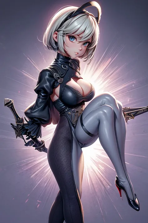 girl caçadora hi-tech,  very hot , sexy e sensual, big boobs, thin waist ,  high, big legs,  thin waist ,  carrying a large futuristic weapon, realistic light and shadow, ultra realistic skin, 2B Nier Automata,  extremely sexy , super provocative look ,  e...