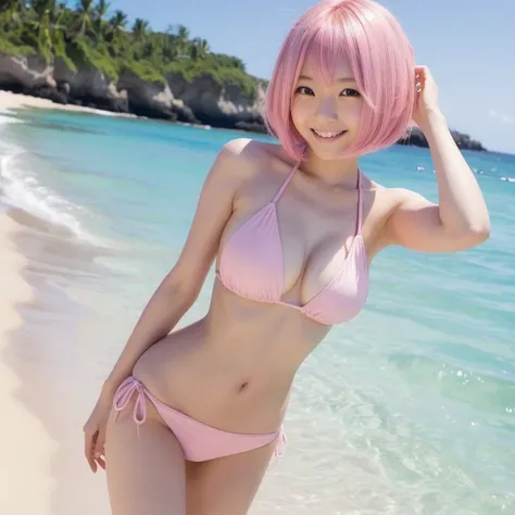 A beautiful happy pink bob haired young Japanese female in white bikini, standing on a beach.