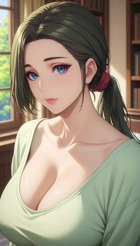 (masterpiece, best_quality:1.2), 1girl, solo, mature female, dark-green hair, low ponytail, super short bob hairstyle, (oversized_sweater,:1.1) beautiful eyes, female focus, looking at viewer, large breast, cleavage, wide hips, ((above view)) ((close up sh...