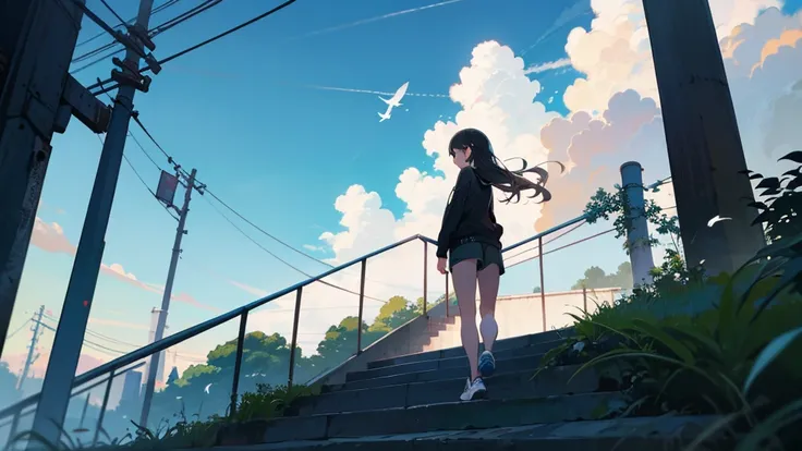  Masterpiece ,  delicate details without lighting, top quality,  one girl, alone, handrail, cloud, Im walking through a group of buildings,, long hair, shoes, null,  Long Sleeve ,  sneakers, Power lines, white shoes ,  black hair,  viewers, Electric pole, ...