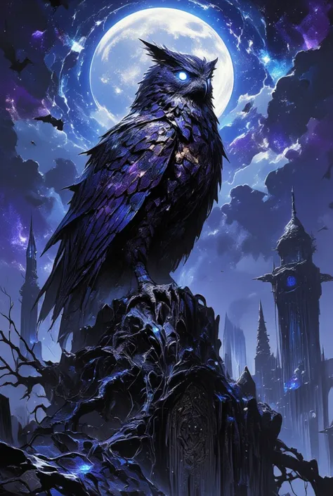 Illustrate an enigmatic owl perched upon the remnants of ancient ruins, with a commanding presence that conjures an air of mystery and sagacity. The owls feathers should appear as a wondrous mosaic, shimmering with shades of midnight black, celestial purpl...