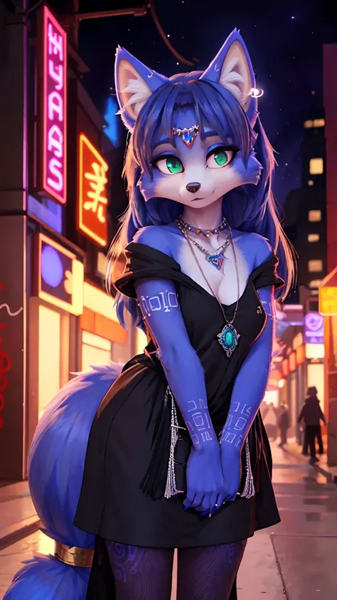 ((krystal)), Star Fox-Krystal, lovable, green eyes, ((( Long blue hair 1.3))), Decollete, anthro, Fuzzy,  detailed Fluffys fell,  detailed face, (Fluffy),  1 girl, ,woman, Goth, green eyes, undercut, ultra-realistic 8k cg ,  masterpiece, (( ultra-detailed ...