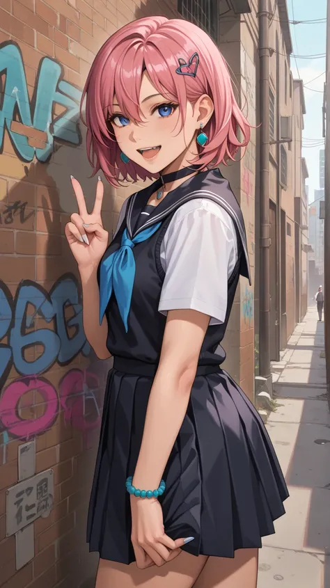  ((Best QuAlity)), ( super detailed),  1 girl, Dark pink hair color,  short haired , Back Alley, WAll, Graffiti,  hair between eyes ,  dark blue eyes,   peace sign,  hair ornament, Tistol ,  school uniform, Collared  shirt,  Hairshed ,  Clothing around the...