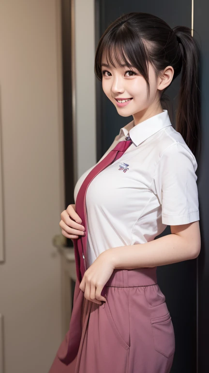 a ， wears a JK uniform and 超短包臀裙，Bangs between eyes, Twin ponytails, Big breasts(d), Smile,  blushing,Smile,  Simple Background / no background , Body in front ，The side of the 45 degree character ,When you lift your hips，