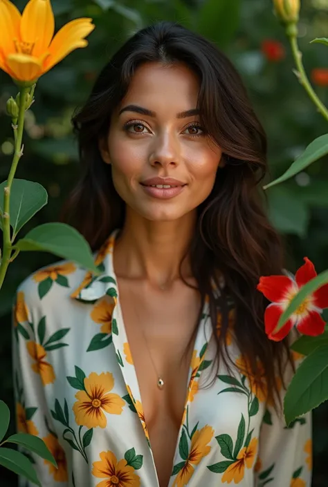  A Brazilian woman in a lush tropical garden,  wearing an open shirt with floral print ,  with a close up capturing the harmonious beauty between her breasts and natural flowers,  showing your natural charm and outgoing personality.