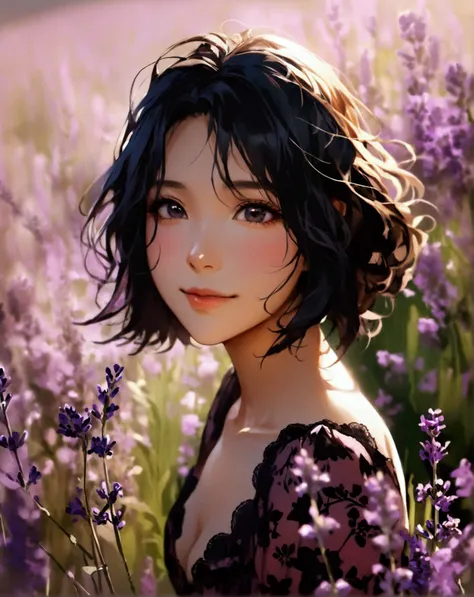 Illustrate a highly detailed, soft-lit, full-body snapshot of a 22-year-old Asian woman, with luscious, silky black hair cascading down her back, taken from a slightly above angle, capturing her elegance and youth. Her gentle blush and cheerful smile, radi...