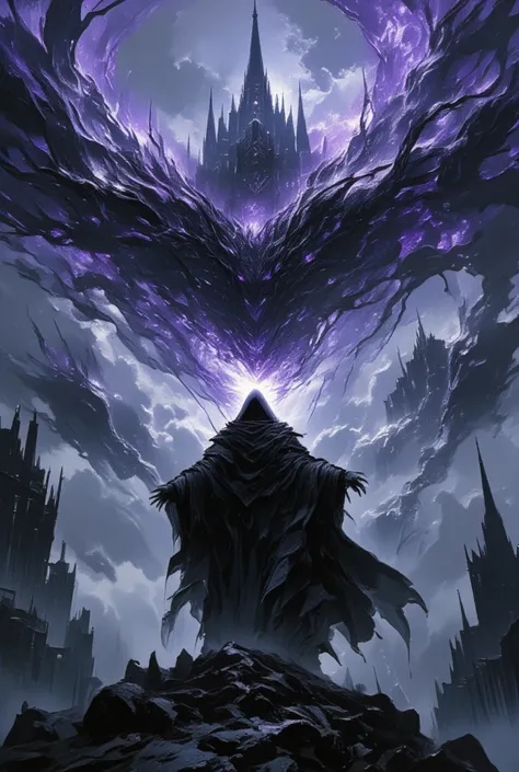 (Visualize a dark sorcerer standing before his shadowy fortress) perched atop a mist-shrouded mountain, its spires piercing the heavy clouds. The fortress looms with an imposing aura, its architecture twisted and surreal, reminiscent of gothic cathedrals i...