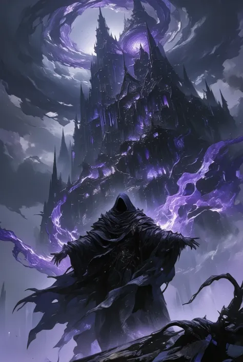 (Visualize a dark sorcerer standing before his shadowy fortress) perched atop a mist-shrouded mountain, its spires piercing the heavy clouds. The fortress looms with an imposing aura, its architecture twisted and surreal, reminiscent of gothic cathedrals i...