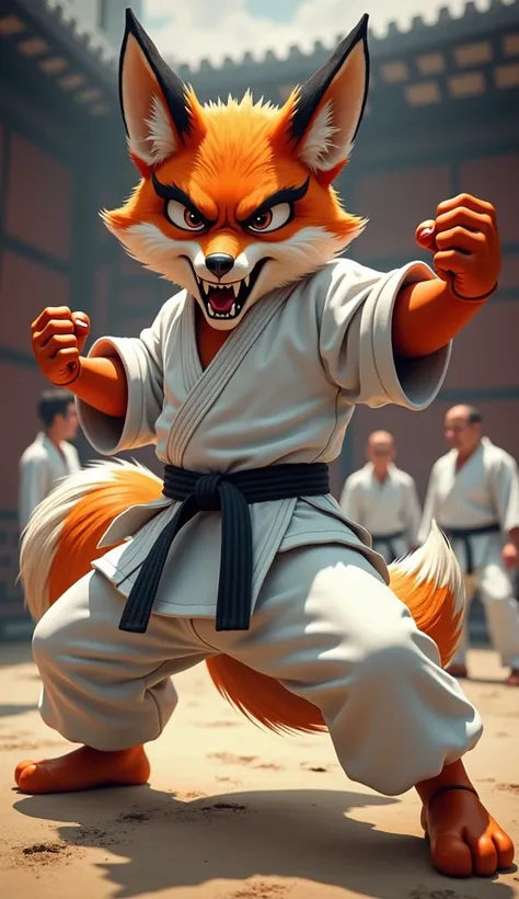  A fox with a human body in the shape of ,  this fox is wearing a karate costume and wearing a black belt, The fox has an angry face ,  with a clenched fist as if it were going to start a fight .  This fox is in a dojo with other students 