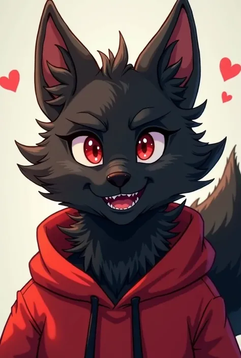 black wolf furry with red eyes in fursona style wearing red clothes staring at viewer smiling