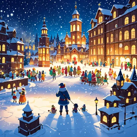 A cozy Christmas Eve scene in an illustration style. A snow-covered village with glowing windows, warm golden light spilling out onto the snowy streets. A tall Christmas tree, decorated with colorful ornaments and twinkling lights, stands in the center of ...