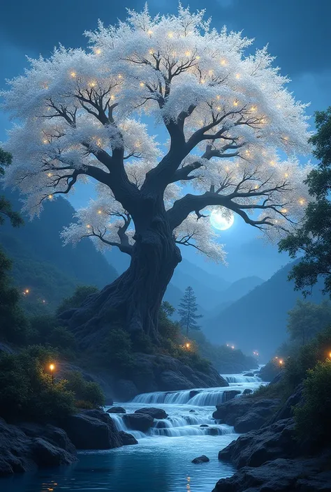  One big tree with beautiful white leaves and bright lights on,its deciduous leaves fly , above a clear flowing stream and a small waterfall ,on a beautiful night,ultra realistic,detail,photography,ultra HD,