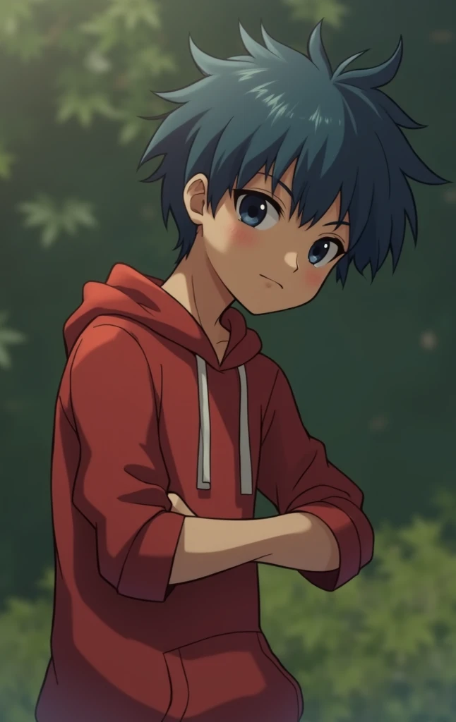 anime boy with blue hair and black eyes in red hoodie, young anime man, anime boy, tall anime guy with blue eyes, anime moe artstyle, anime handsome man, male anime character, official anime still, 2 d anime style, style of ssss.gridman (2018), handsome an...