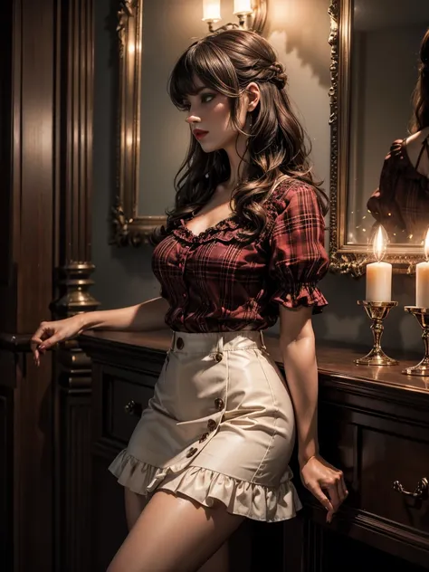 ultra-realistic, cinematic photography. (delicate skin tones), portrait photo of a very tall woman. 40 years old. wavy brown hair up to the neck with bangs. (white button-down blouse with short sleeves), (neckline).  (dark red plaid skirt with ruffles), bl...