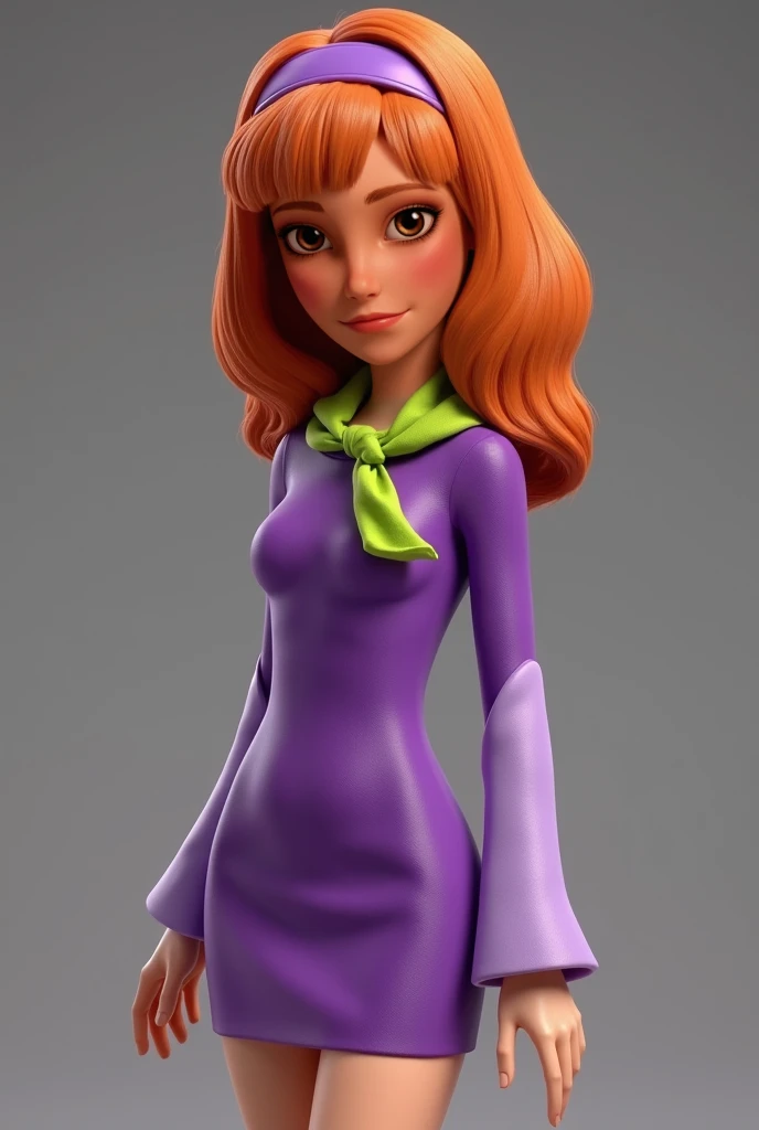 Daphne Blake from "Scooby Doo" as a 3D CGI character rendered. Wearing a purple dress with lilac sleeve hems. Redhead 60s gorgeous mid-long hair with bangs and a lilac heaband, realistic gorgeous hair texture, purple eyes, lime green silk cute scarf, smart...