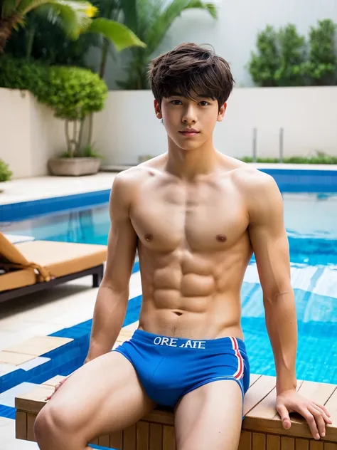 Create an image of a young man in his 20s, standing shirtless. He has a lean, slightly muscular build, with a smooth and fair complexion. pale skin, His hair is light brown, a bit tousled, giving him a casual and approachable look. His expression is gentle...