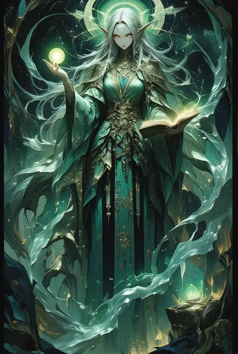 Visualize an ethereal elfin fortune teller poised gracefully in a dark fantasy setting reminiscent of Yoshitaka Amanos artistic style. (The elven woman possesses angular, delicate features, with shimmering silver hair cascading around her shoulders, adorne...