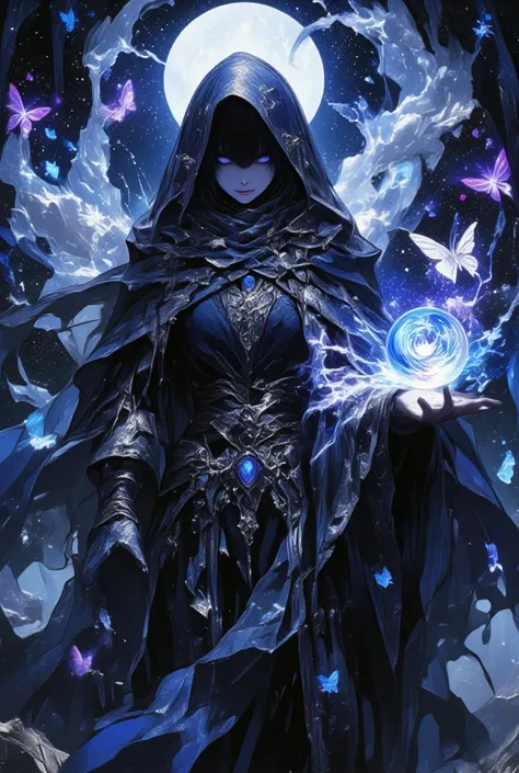 Imagine a prophet from the shadow realm, shrouded in the mysterious and dark fantasy essence of Yoshitaka Amanos artwork. (She is a figure of both grace and intensity, her visage veiled by a gossamer scarf that blends shadows and moonlight, allowing only g...