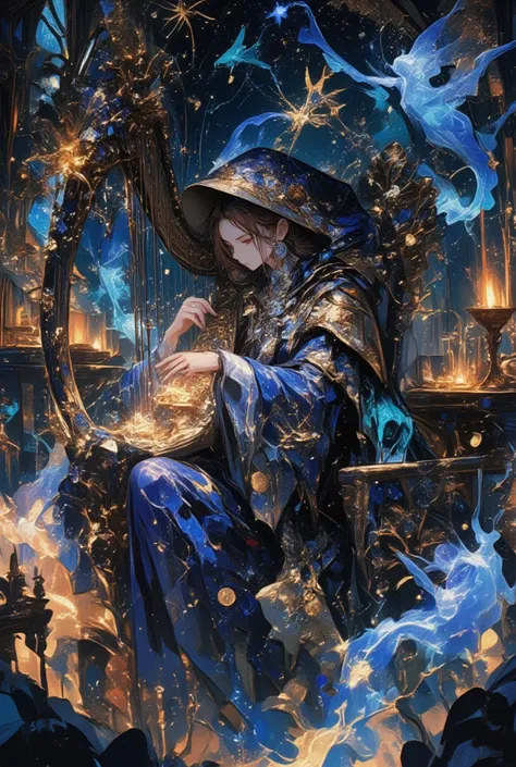 Depict a bardical fortune teller, weaving tales of future and fate within the realm of dark fantasy, styled within Yoshitaka Amanos signature allure. (A charismatic figure with a voice as mellifluous as the nightingale, she is cloaked in a myriad of celest...