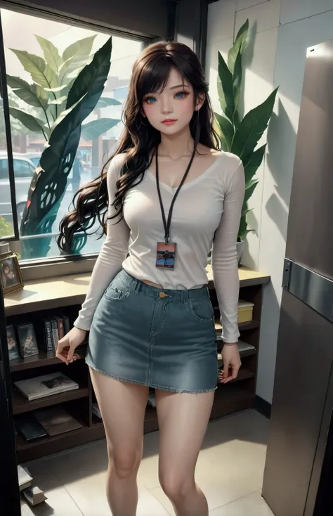  young woman, posing, at hall, (+forehead, black long wavy hair, half up half down), light-gray long sleeves t-shirt, blue-gray denim pencil mini skirt, BREAK, (1girl, solo, full body), (best quality,4k,8k,highres,masterpiece:1.2),ultra-detailed,(realistic...