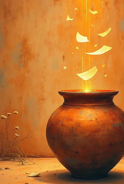 A serene poetry book cover featuring a rustic mud wall with delicate lime line drawings as the backdrop. In the foreground, a very large terracotta gullak glows softly, illuminated by a warm, ambient light. Ethereal papers float gently through the air, as ...