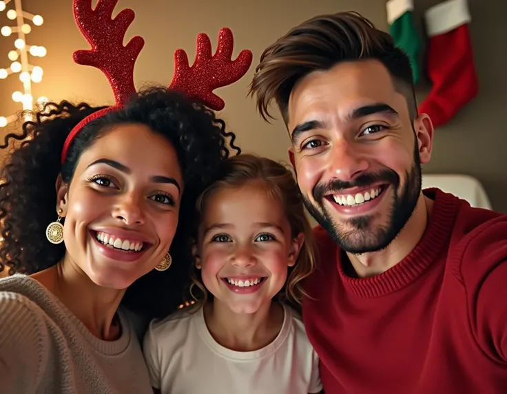 A vibrant Christmas scene featuring a cheerful family taking a selfie in a warmly decorated setting. On the left, a woman with curly hair wears a glittering red reindeer antler headband and golden earrings, radiating holiday joy. At the center, a young gir...