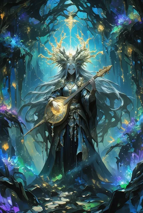 Visualize a mesmerizing scene of a bard encased in an ethereal forest. The bard (a figure of striking elegance with long, flowing hair and wearing a flowing, traditional minstrels gown that shimmers as if woven from moonlight) stands center-stage, gently s...