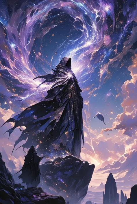 Imagine a bard standing on a colossal rock, suspended in the expanse of a celestial realm. This bard (a majestic figure adorned in a voluminous cloak covered in celestial patterns of stars and swirling galaxies, cloaked hood partially shadowing enigmatic e...