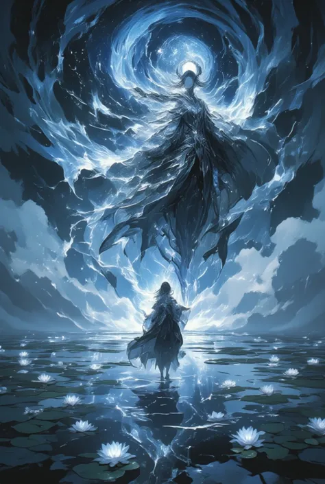 Depict a spectral bard emerging from the depths of a vast, mist-shrouded lake, gliding gracefully across its mirror-like surface. This ethereal bard (adorned in flowing, translucent silks that flutter like wisps of fog with each movement, adding to their o...