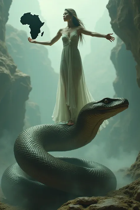 A new image :  a boa raised her head and a very beautiful woman is still standing on the boas head.  The young woman extends her arms .  On her left hand she is carrying the African continent 