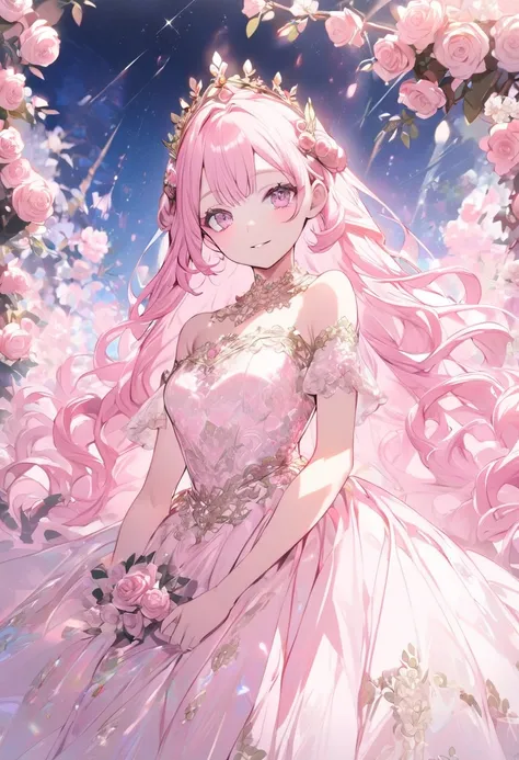 female, 1 female, long and slightly curly light pink hair, rose princess, wearing a crown, light pink lace flowing dress, pale pink eyes, light skin, perfect body, pink roses garden background