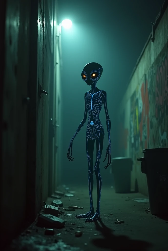 An alien caught on a mobile camera in a dimly lit urban alleyway at night. The alien has an otherworldly appearance, with large, glowing eyes, smooth, silvery-blue skin, and elongated limbs that seem both graceful and unsettling. The setting is captured in...