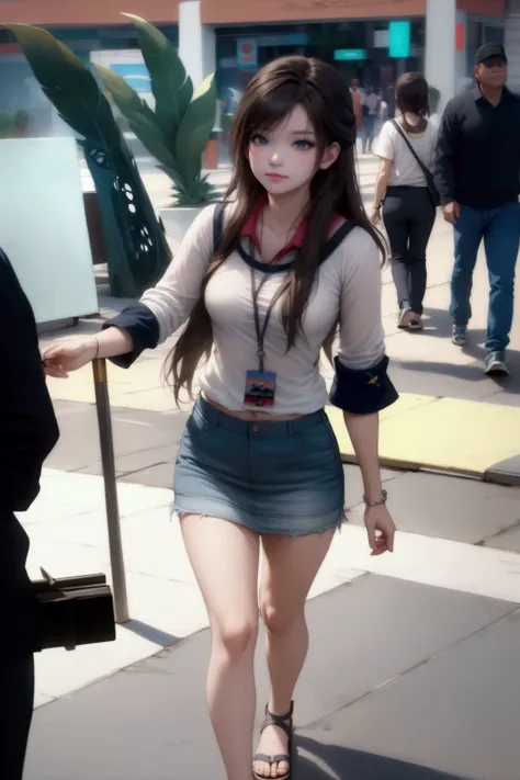  young woman, walking, at city hall, (+forehead, dark-brown long hair, layered cut, half up half down), dark-gray 3/4 sleeves shirt, blue-gray denim pencil mini skirt, sandals, BREAK, (1girl, solo, full body), (best quality,4k,8k,highres,masterpiece:1.2),u...