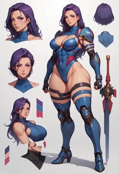 Adult Woman,age 30, mature woman, ((Sexy Attire | Ero Mecha,masterpiece)),(((best quality))),((character design sheet)),((),thick thighs,1girl,big ,((between breasts)),wearing new cyberpunk ninja , Psylocke, Full illustration front to back side to side vie...