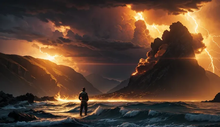 A man standing with his back to the camera in a dramatic fantasy setting, flames and water clashing in the background, stormy skies with golden light rays breaking through, ultra-detailed, realistic textures, cinematic lighting, dark and mystical atmospher...