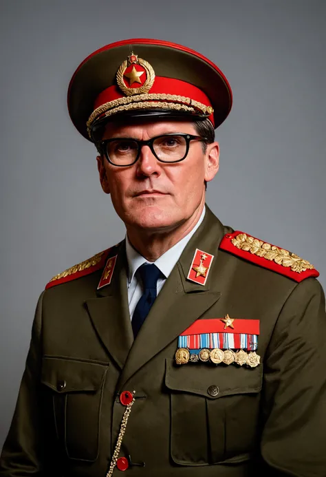 Keir Starmer in a Soviet military uniform. Wearing glasses. Red stars. 