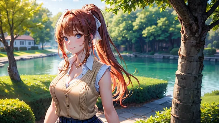 1girl, solo, summer, trees, water, house, fantasy landscape, red hair, ponytail, large full breasts, ((sleeveless vest sweater)), ((light brown vest sweater)), button down, dark blue eyes, ((white shirt)), ((short sleeved shirt)), ((unbuttoned shirt)), (un...