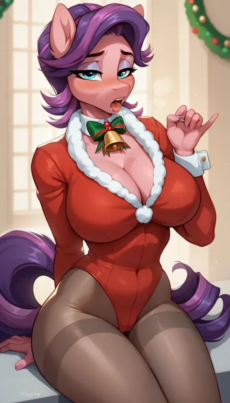 score_9, score_8_up, score_7_up, Spoiled Rich, mlp, anthro, 1girl, blue eyes, solo, curly hair, tight body suit pantyhose, large breasts, cleavage, jewellery, 1girl, solo, Christmas clothes, lusty pose, blush, sit pose, legs together, perfect legs, In half...